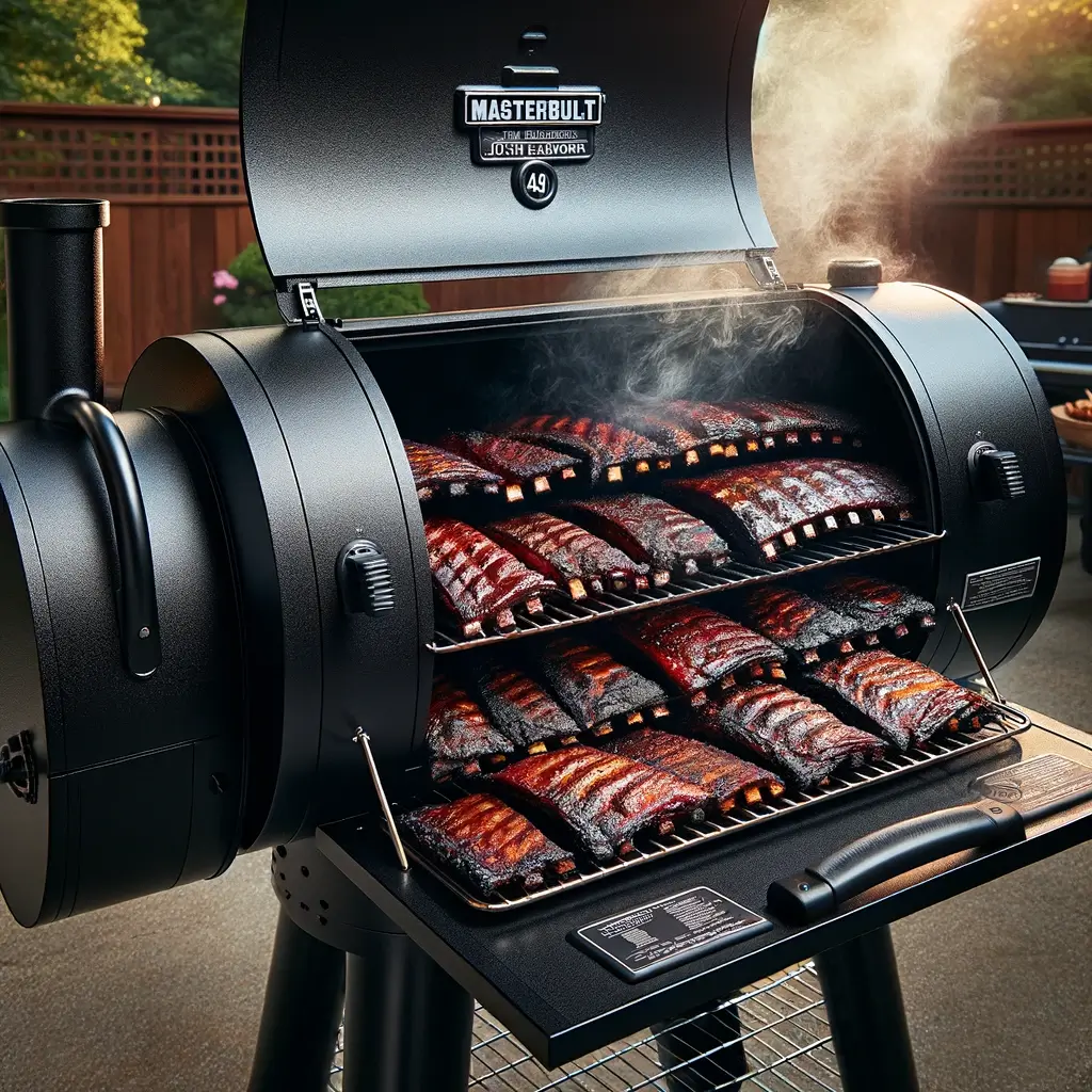 Multiple racks of smoked ribs in a professional Masterbuilt smoker, showcasing the art of barbecue.