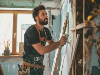 A person wearing a tool belt and holding a paint roller is working on a wall in a room under renovation.