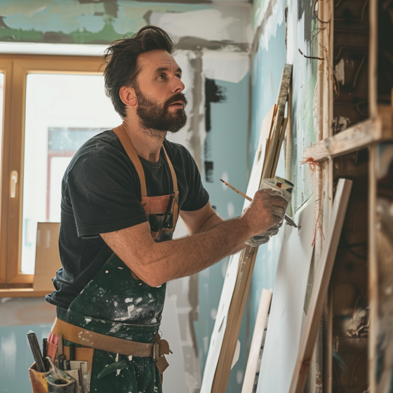 A person wearing a tool belt and holding a paint roller is working on a wall in a room under renovation.