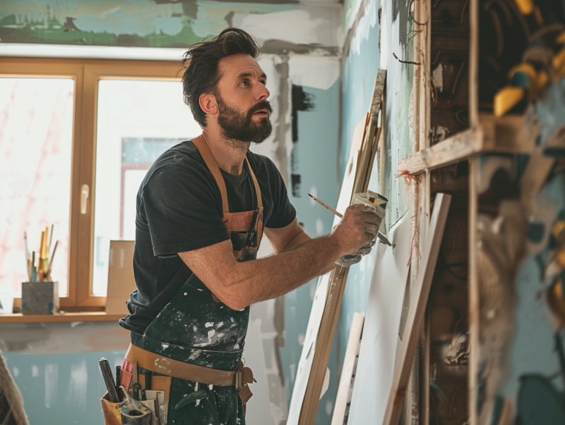 A person wearing a tool belt and holding a paint roller is working on a wall in a room under renovation.