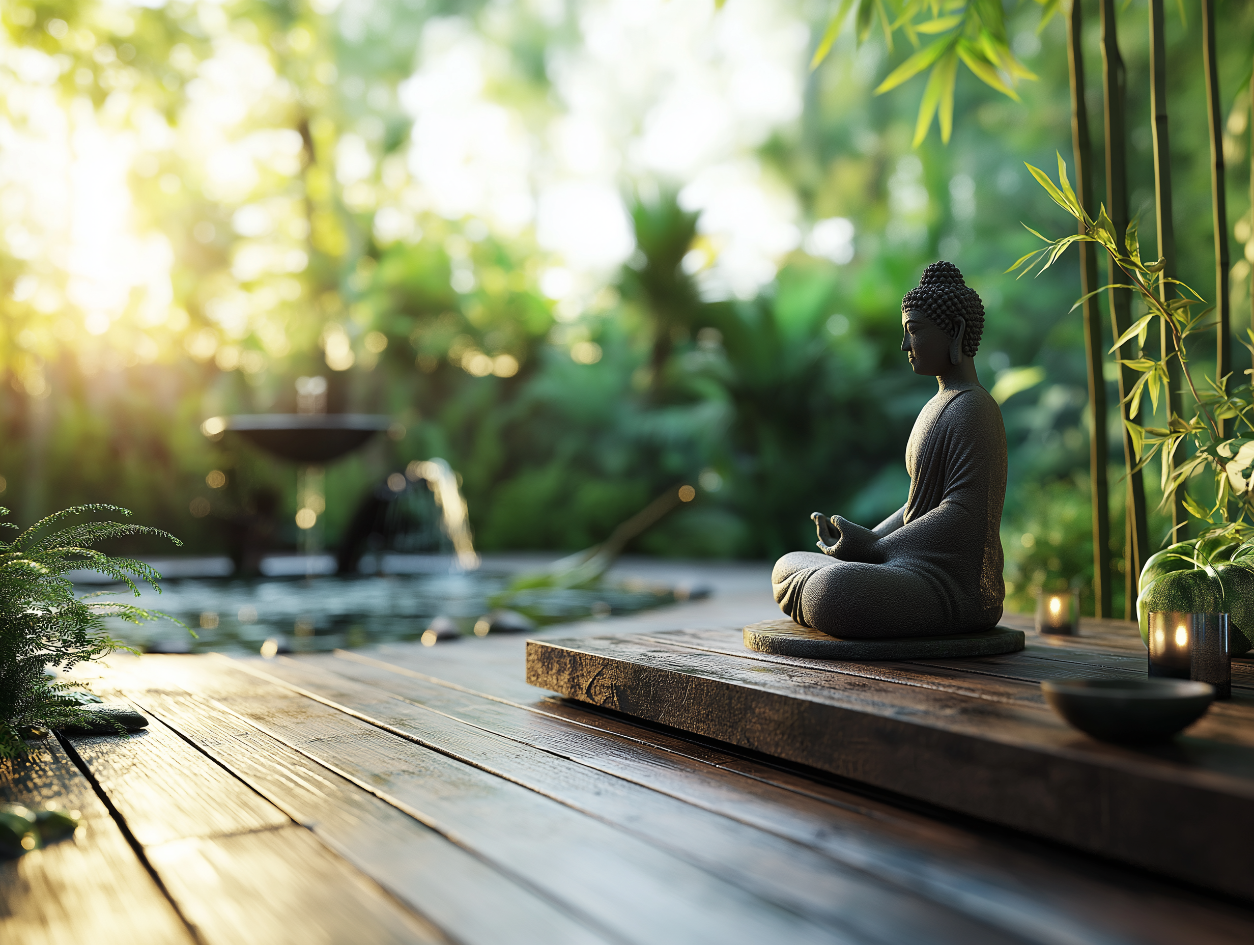 A serene outdoor setting featuring a statue of a meditating figure on a wooden platform. The background includes lush green foliage and a water feature, creating a peaceful and tranquil atmosphere.